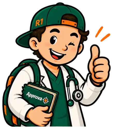 Mascote da Approva com boné verde, jaleco branco e estetoscópio
